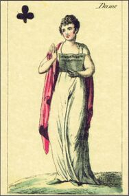 Clubs-Queen (French) Photo of the reproduction Musical playing cards (facsimile Piatnik, 1981)